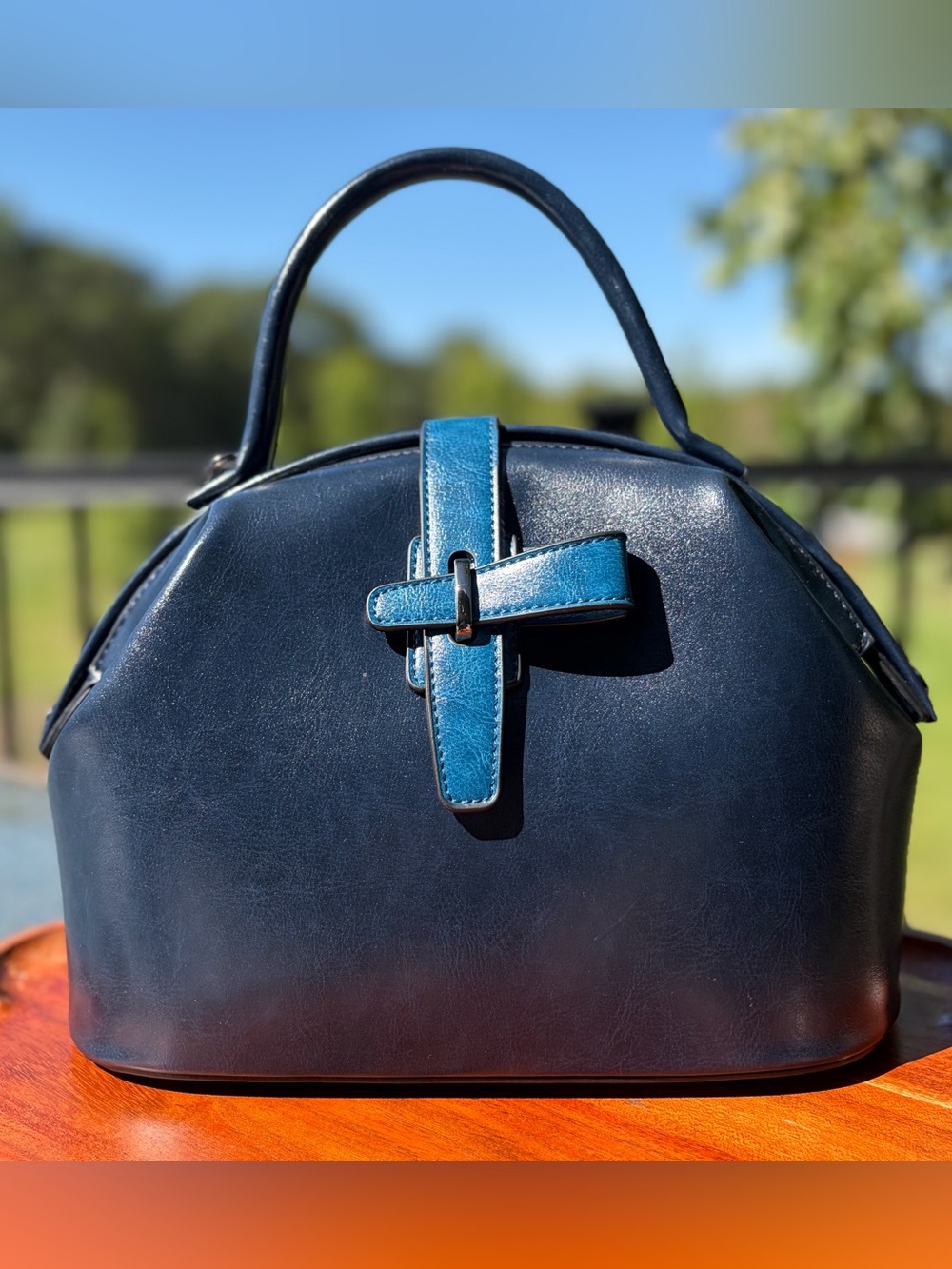 Doctor Bag Vintage-Style Blue Vegan Leather Top Handle Purse & Wallet Set - Picture 3 of 13